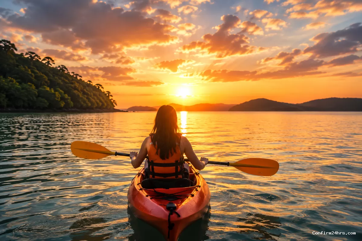 Sunrise kayaking in Andaman with golden morning sky
